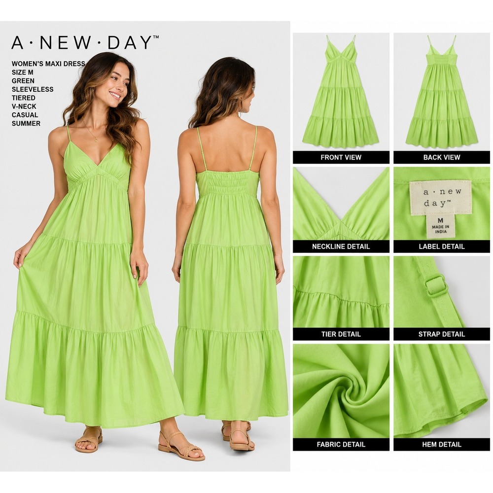 A New Day Maxi Dress Women's M Green Sleeveless V-Neck Tiered Summer Casual